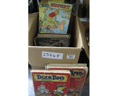 Box of vintage children's books, mostly Rupert bear annuals and books, two Tiger Tim's annuals and a hardback 'Boy's Own Annu