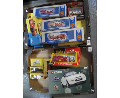 Two boxes of Corgi and Dinky boxed diecast vehicles to include; 1:50 scale fire engines, Corgi Classics Cyclone pumper, Corgi