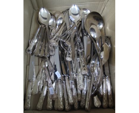 Box of loose Villiers of Sheffield cutlery including, butter knives, dessert spoons, forks, teaspoons, ladle etc. (B.P. 24% i