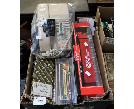 Box of assorted items to include; modern telephone, brass finger plates, Corgi original omnibus diecast scale vehicle, Corgi 