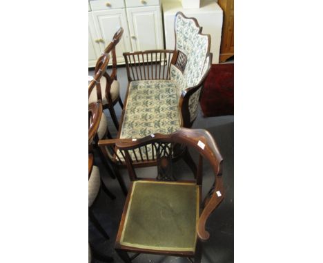 Edwardian mahogany framed and upholstered parlour sofa, together with an Edwardian mahogany inlaid corner chair. (2)(B.P. 24%