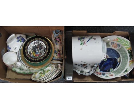 Two boxes of assorted china to include; large oriental teapot, art pottery serving plates one shaped like a fish, a Delft dec