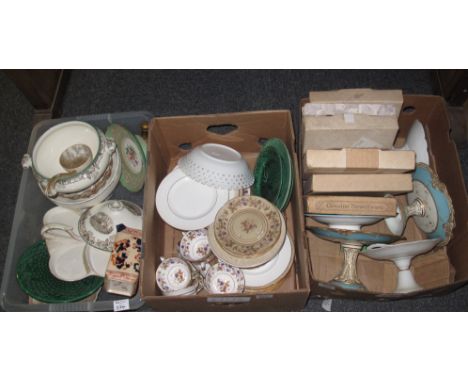 Three boxes of assorted china to include; pedestal serving plates, Royal Stafford 'Golden Bramble' teaware and dinnerware, Br