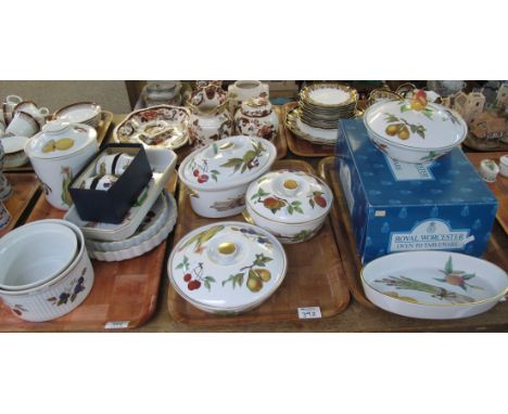Three trays of Royal Worcester oven to tableware 'Evesham' design items to include; tureens, ramikins, flan dishes, canister,