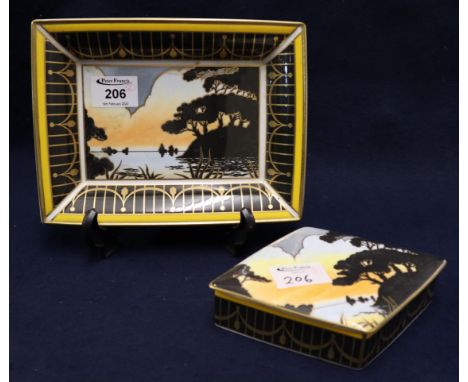 Royal Worcester 'The Art Deco Collection' 'Morning River' rectangular dish and jar and cover of lozenge form, commemorating t