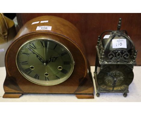 Reproduction brass lantern mantel clock, together with a hat shaped mahogany inlaid three train mantel clock. (2)(B.P. 24% in