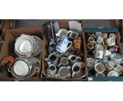 Three boxes of assorted china to include; various design dresser jugs, commemorative and other mugs including Mason's, beer s