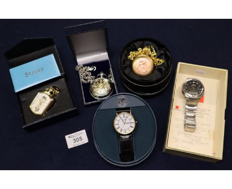 Collection of three modern pocket watches in original boxes, a Citizen Echo-drive dress watch in original box and a Casio gen