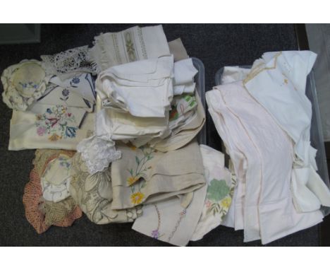 Two boxes of assorted vintage table and bed linen to include; crochet and embroidered doiles, napkins, table runners, bed she