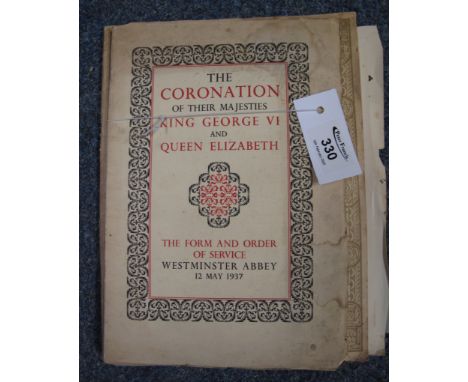 Royal ephemera including; Form and order of service Coronation of their Majesties King George VI and Queen Elizabeth Westmins