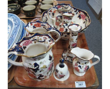 Tray of Mason's Ironstone Mandalay design items, to include; pouch shaped dresser jugs, candlestick bell, pedestal bowl etc. 