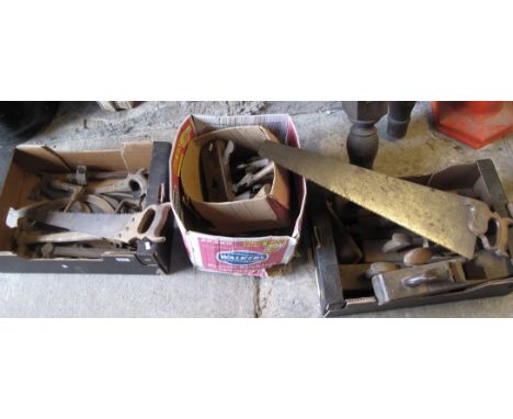 Three boxes of assorted vintage tools, planes, saws etc. (3)(B.P. 24% incl. VAT)