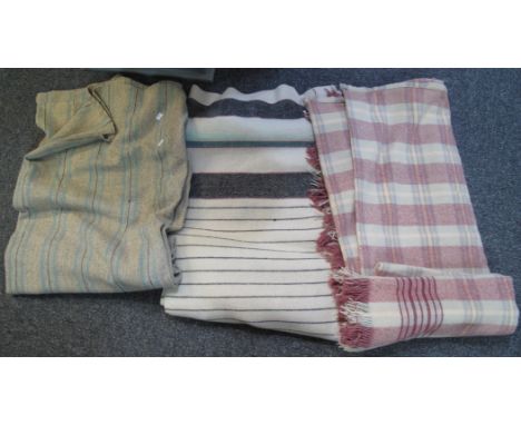 Three vintage narrow loom woollen blankets to include, one check blanket with fringed edges and two striped blankets. (3)(B.P