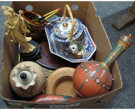 Box of assorted mainly souvenir items to include; Chinese porcelain teapot and tray, decorative painted wooden bowls and spoo