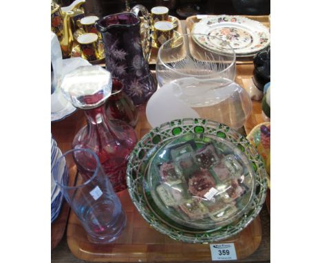 Tray of assorted glass, various to include; purple flash cut water jug with thistle design, cranberry flash cut decanter and 