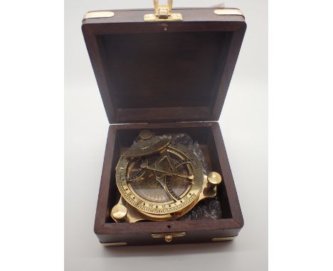 Mahogany cased brass compass and sundial