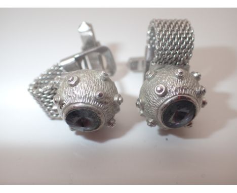 Pair of white metal sea mine stone set cufflinks