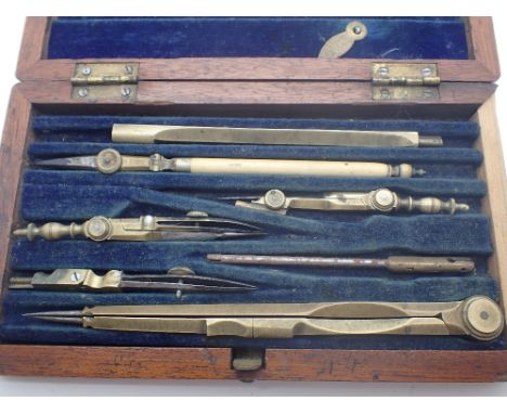 Vintage drawing instruments in wooden case, some with bone handles