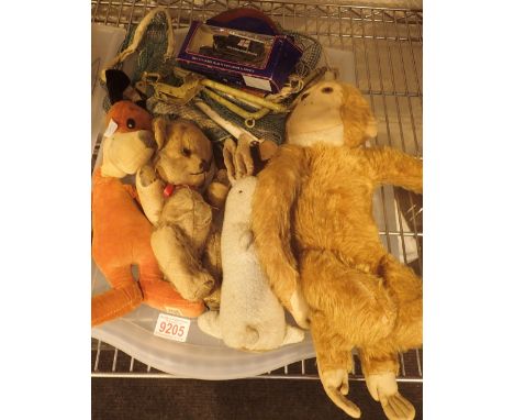 Vintage soft toys including teddy, dog, rabbit, monkey etc including Merrythought plus vintage tabletennis set and bats