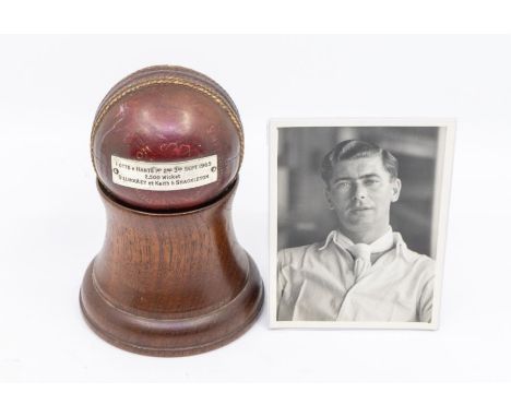 Derek Shackleton's 2500th first class wicket, the Gunn and Moore match ball used v Nottinghamshire, September 1965, on oak st