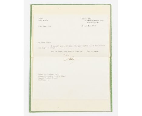 John Arlott, Derek Shackleton, an Appreciation.&nbsp; Southampton, Hampshire CCC, 1958, 8vo, portrait plate enscribed by the 