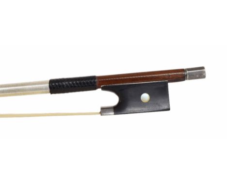 English silver mounted violin bow by W.E. Hill &amp; Sons, unstamped, the stick round, the ebony frog inlaid with pearl eyes 