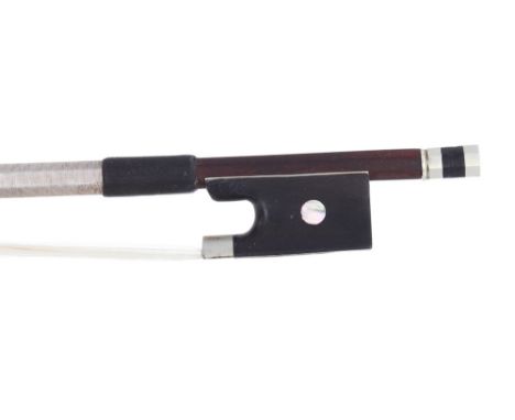 French nickel mounted violin bow, the stick round, the ebony frog inlaid with pearl eyes and the ebony adjuster with two nick