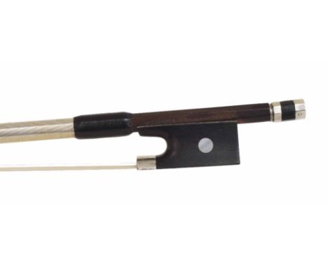 French violin bow attributed to the School of Morizot pere stamped Tourte, the stick round, the ebony frog inlaid with pearl 