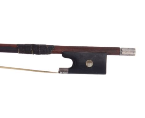 Silver mounted violin bow, unstamped, the stick octagonal, the ebony frog inlaid with pearl eyes and with a silver overlaid e