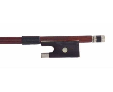 French nickel mounted violin bow by and stamped C.H. Buthod á Paris, the stick round, the ebony frog inlaid with pearl eyes a