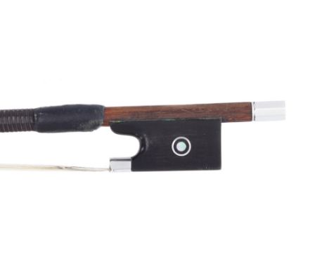 German silver mounted violin bow by and stamped Penzel, the stick octagonal, the ebony frog inlaid with silver rings enclosin