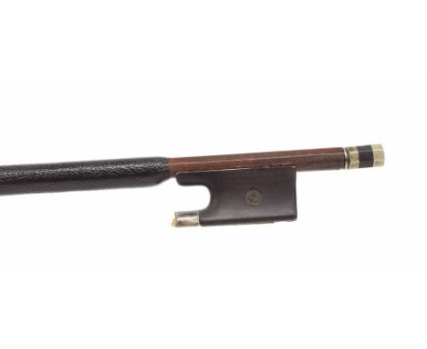 French silver mounted violin bow stamped Amati Mangenot, the ebony frog inlaid with pearl eyes missing and the ebony adjuster