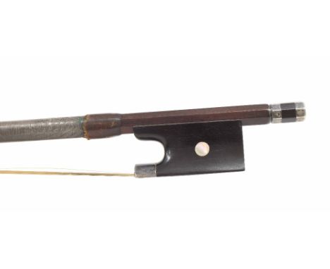 Silver mounted violoncello bow, unstamped, the stick round, the ebony frog inlaid with pearl eyes and the ebony adjuster with