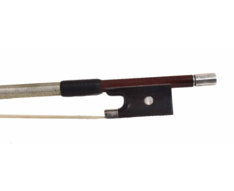 Silver mounted violin bow, unstamped, the stick round, the ebony frog inlaid with pearl eyes and with a silver overlaid ebony