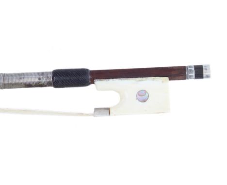 French silver and ivory mounted viola bow, unstamped, the stick octagonal, the ivory frog inlaid with pearl eyes and the ebon