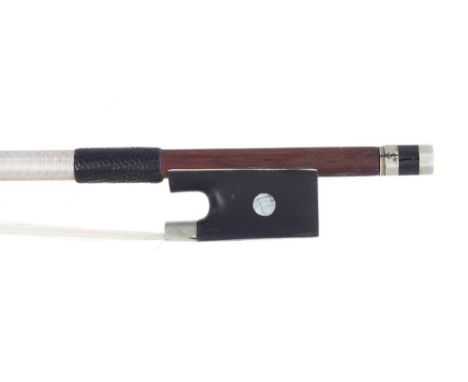 Interesting French nickel mounted violin bow of the Maire School, unstamped, the stick round, the ebony frog inlaid with pear