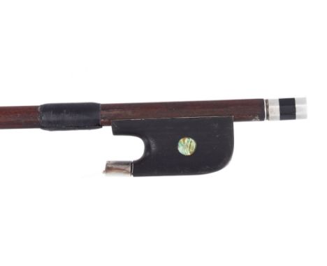 French silver mounted violoncello bow, unstamped, the stick round, the ebony frog inlaid with pearl eyes and the ebony adjust