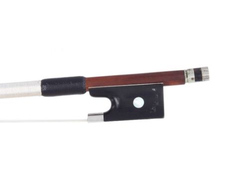 Silver mounted violin bow of the Peccatte School, unstamped, the stick round, the ebony frog inlaid with pearl eyes and the e