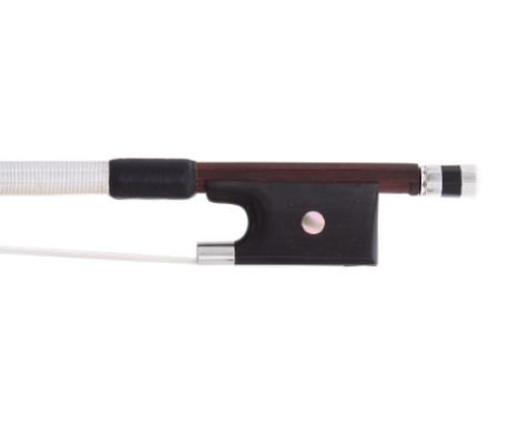 Silver mounted violoncello bow, unstamped, the stick round, the ebony frog inlaid with pearl eyes and the ebony adjuster with