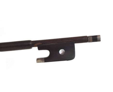 Silver mounted violoncello bow, unstamped, the stick octagonal, the ebony frog inlaid with pearl eyes and the ebony adjuster 