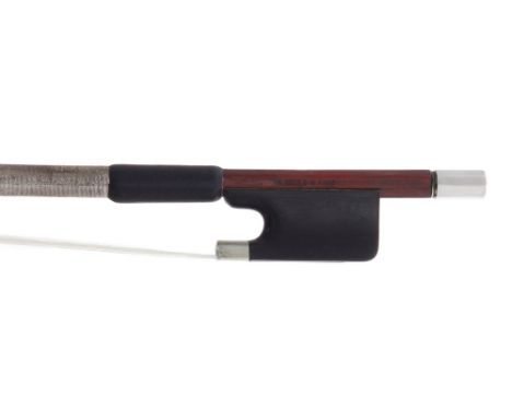 Nickel mounted violin bow branded V. Arnold á Paris, the stick round, the ebony frog plain and with a nickel overlaid ebony a