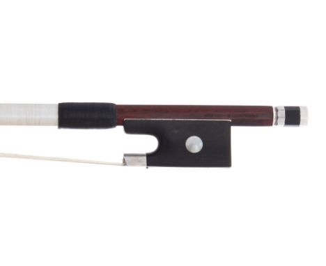 Silver mounted violin bow stamped Merciolle-Paris, the stick round, the ebony frog inlaid with pearl eyes and the ebony adjus