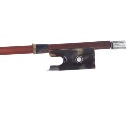 French silver mounted violin bow stamped A. Vigneron á Paris, the stick round, the frog inlaid with silver rings enclosing pe