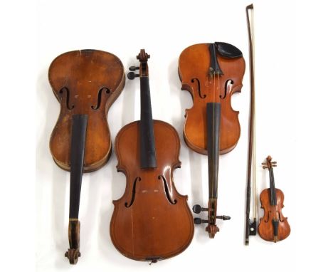 Interesting early 20th century cornerless violin labelled Falero..., and a Maggini copy violin; also a three-quarter size vio