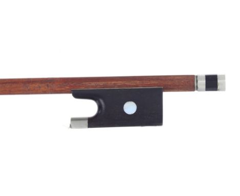 French nickel mounted violin bow by L. Morizot Pere, unstamped, the stick round, the ebony frog inlaid with pearl eyes and th