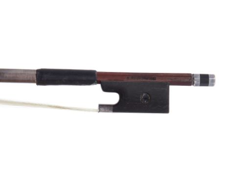 German silver mounted violin bow stamped G. Steinel, the stick octagonal, the ebony frog inlaid with pearl eyes (one missing)