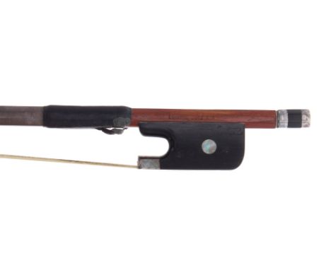 German silver mounted viola bow by and stamped Conrad Gotz, the stick octagonal, the ebony frog inlaid with pearl eyes and th