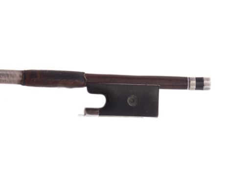 French silver mounted violin bow branded Chanot, the stick octagonal, the ebony frog inlaid with pearl eyes (both missing) an