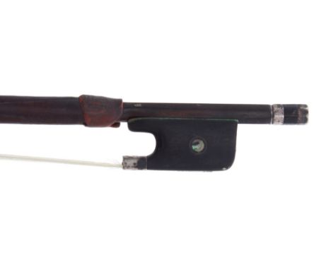 German silver mounted violoncello bow by and stamped Jul. Heinr. Zimmerman, the stick round, the ebony frog inlaid with pearl