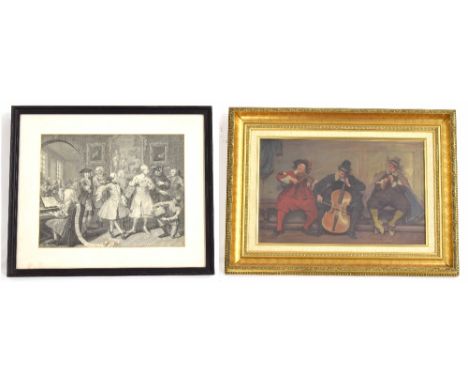 Antique black and white engraving depicting musicians and other figures in an interior, 12" x 15", framed; also after Seymour